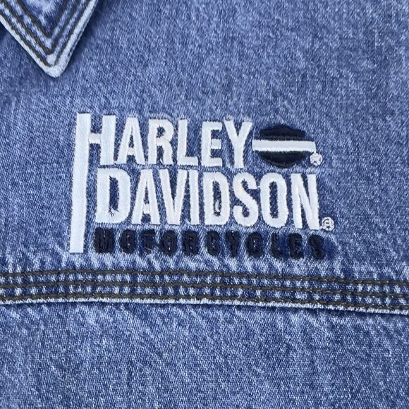 Harley Davidson Grease Monkey Denim Shirt Women’s XS Intentionally Distressed - Picture 8 of 15
